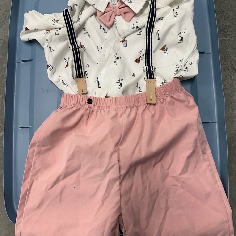 Kids Pink Shorts with White Shirt and Suspenders